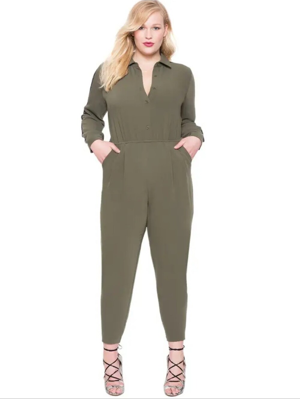 Eloquii Olive Green Long-Sleeve With Lace Detail Jumpsuit Size 16